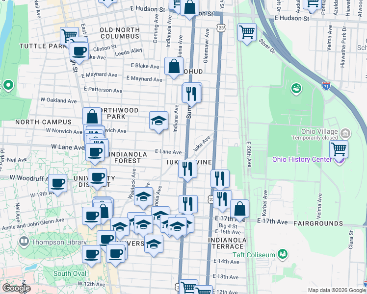 map of restaurants, bars, coffee shops, grocery stores, and more near 2091 Summit Street in Columbus