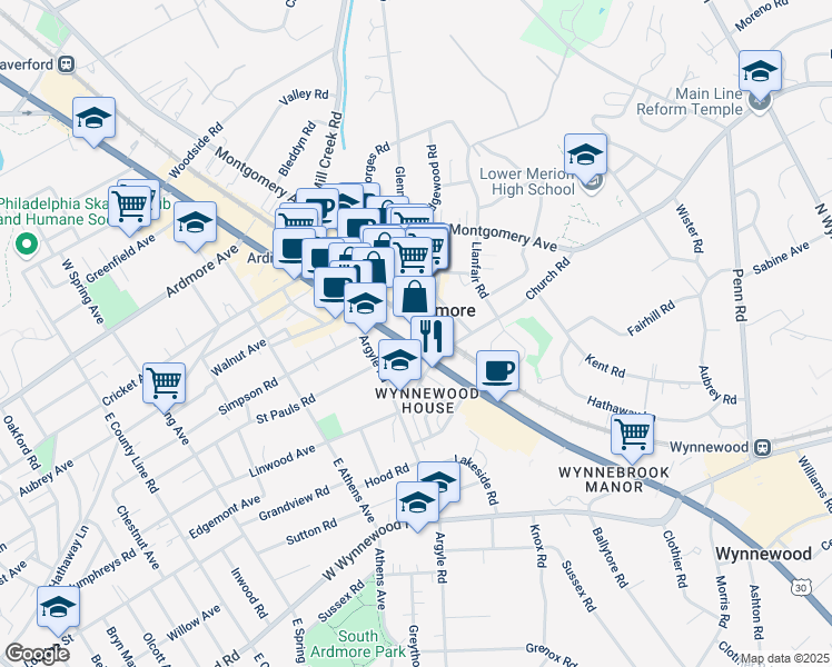 map of restaurants, bars, coffee shops, grocery stores, and more near 123 East Lancaster Avenue in Ardmore
