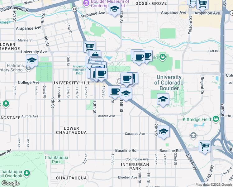 map of restaurants, bars, coffee shops, grocery stores, and more near 1030 Broadway in Boulder