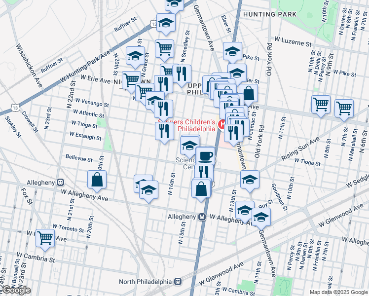 map of restaurants, bars, coffee shops, grocery stores, and more near 3438 North Sydenham Street in Philadelphia