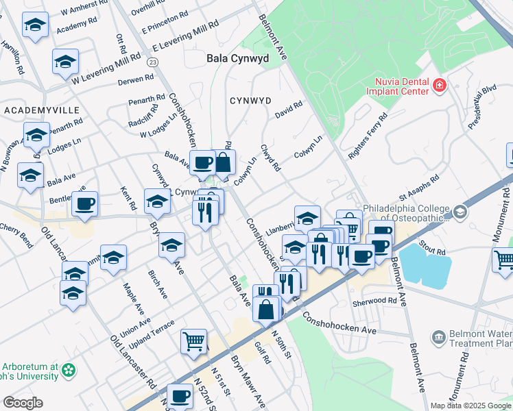 map of restaurants, bars, coffee shops, grocery stores, and more near 10 Righters Ferry Road in Bala Cynwyd