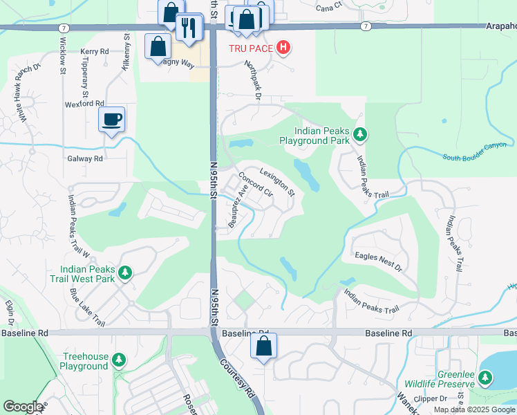 map of restaurants, bars, coffee shops, grocery stores, and more near 2462 Concord Circle in Lafayette
