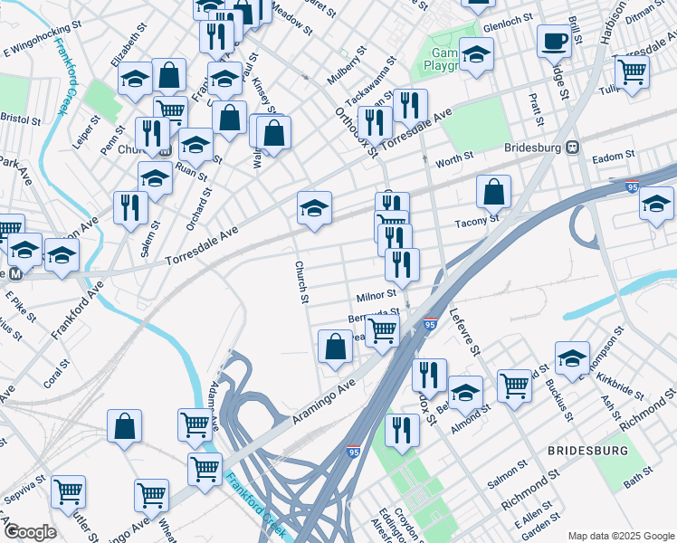 map of restaurants, bars, coffee shops, grocery stores, and more near 2320 Duncan Street in Philadelphia