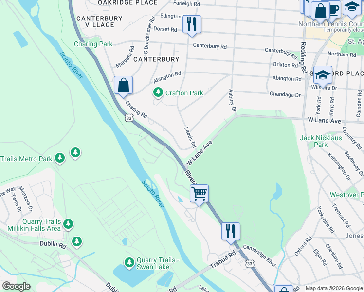 map of restaurants, bars, coffee shops, grocery stores, and more near 2565 Leeds Road in Columbus