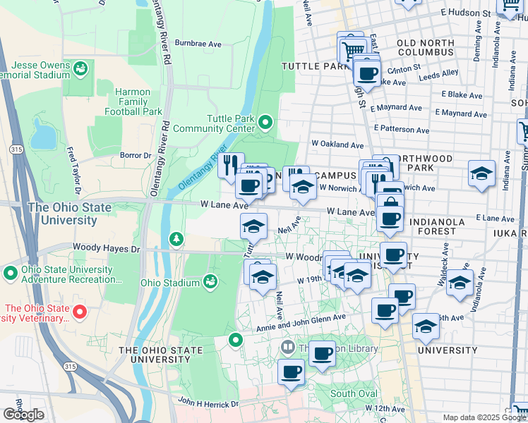 map of restaurants, bars, coffee shops, grocery stores, and more near 281 West Lane Avenue in Columbus