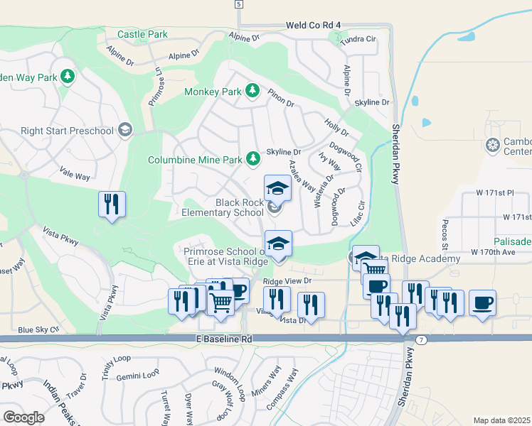 map of restaurants, bars, coffee shops, grocery stores, and more near 2000 Mountain View Boulevard in Erie