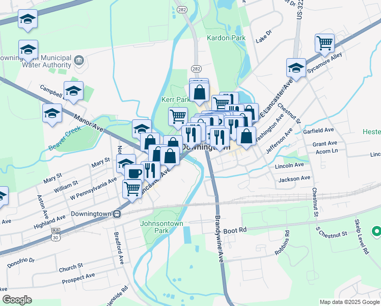 map of restaurants, bars, coffee shops, grocery stores, and more near 26 East Lancaster Avenue in Downingtown