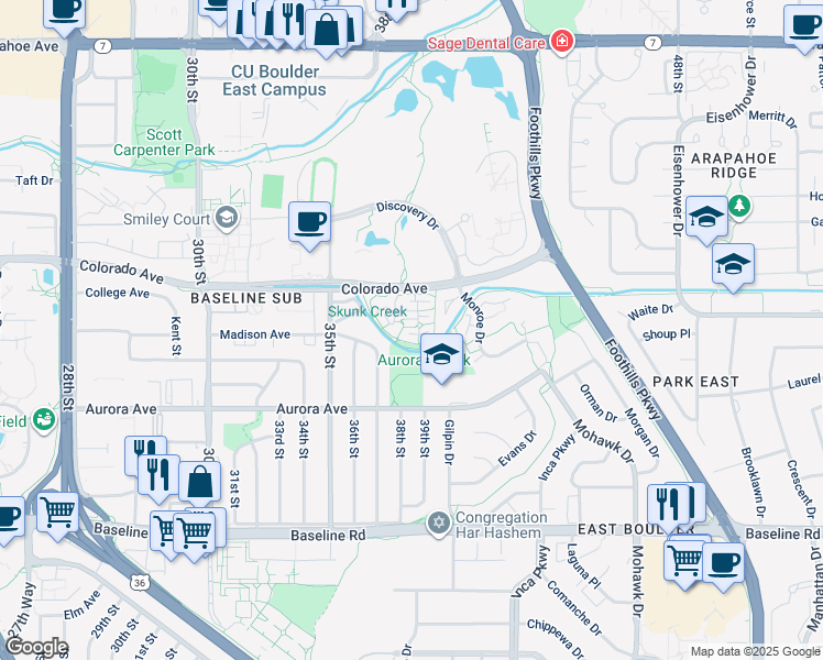 map of restaurants, bars, coffee shops, grocery stores, and more near 3950 Colorado Avenue in Boulder
