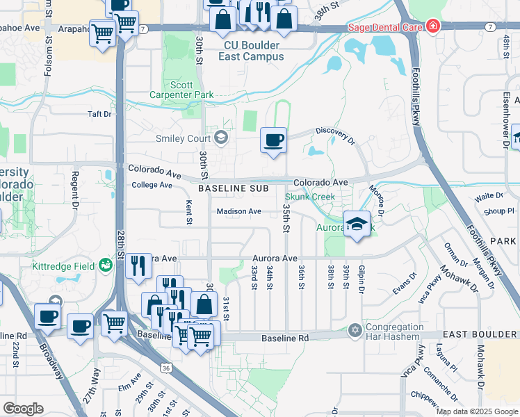 map of restaurants, bars, coffee shops, grocery stores, and more near 3293 Madison Avenue in Boulder