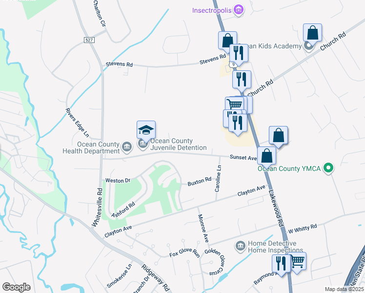 map of restaurants, bars, coffee shops, grocery stores, and more near 91 Sunset Avenue in Toms River