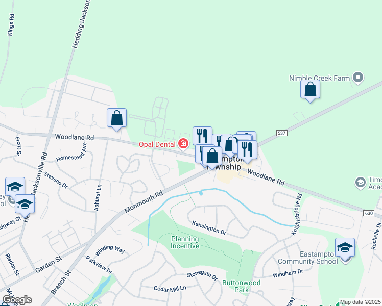 map of restaurants, bars, coffee shops, grocery stores, and more near 12000 Hamilton Way in Eastampton Township