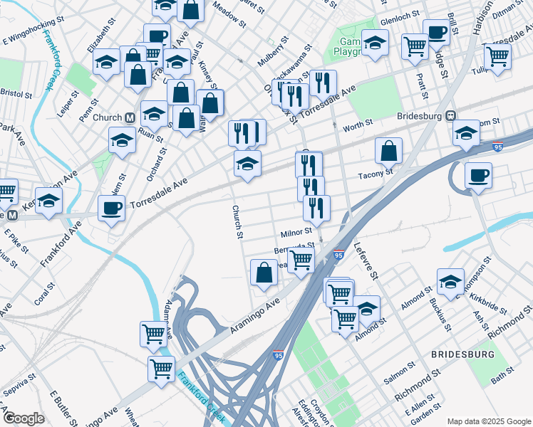 map of restaurants, bars, coffee shops, grocery stores, and more near 2320 Duncan Street in Philadelphia