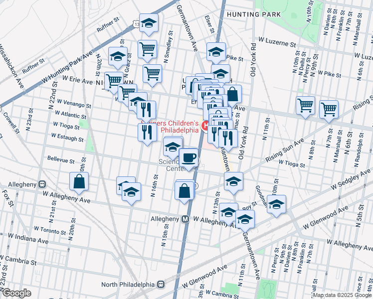 map of restaurants, bars, coffee shops, grocery stores, and more near 1427 West Tioga Street in Philadelphia