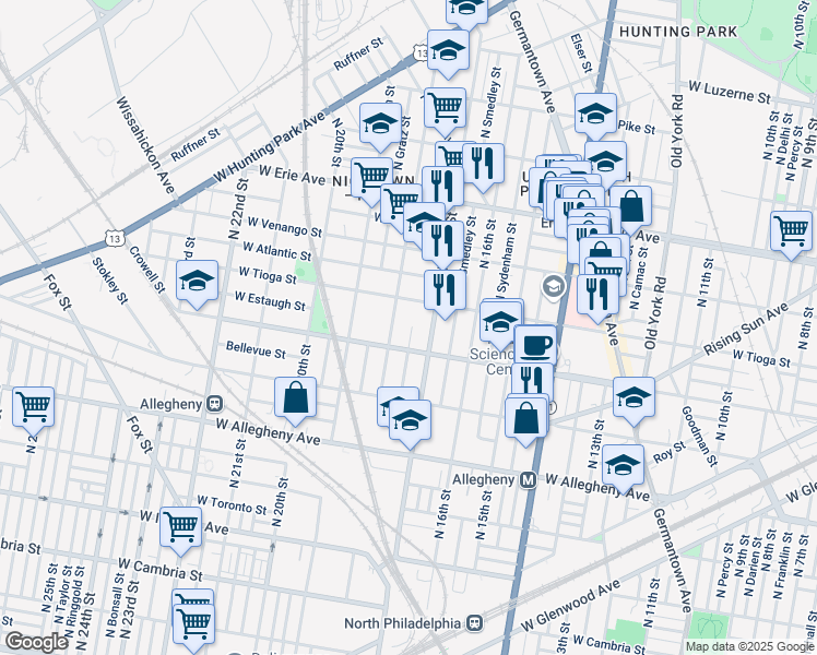 map of restaurants, bars, coffee shops, grocery stores, and more near 1712 West Tioga Street in Philadelphia