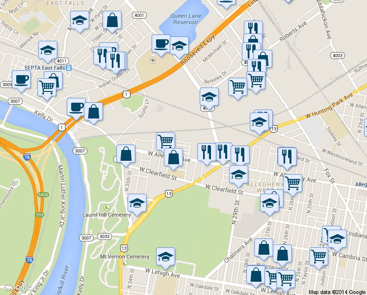 map of restaurants, bars, coffee shops, grocery stores, and more near 3200 North 32nd Street in Philadelphia