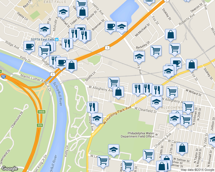 map of restaurants, bars, coffee shops, grocery stores, and more near 3223 North 34th Street in Philadelphia