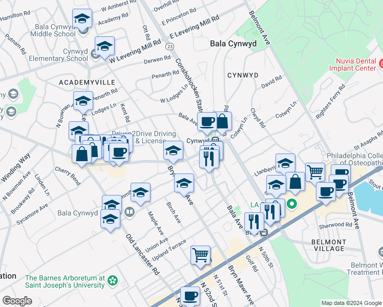 map of restaurants, bars, coffee shops, grocery stores, and more near 303 Cynwyd Road in Bala Cynwyd