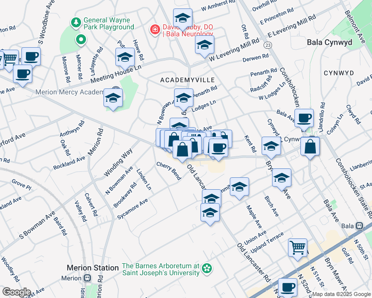 map of restaurants, bars, coffee shops, grocery stores, and more near 314 Levering Mill Road in Bala Cynwyd