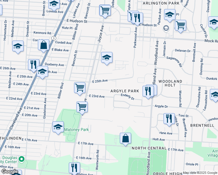map of restaurants, bars, coffee shops, grocery stores, and more near 1790 East 24th Avenue in Columbus