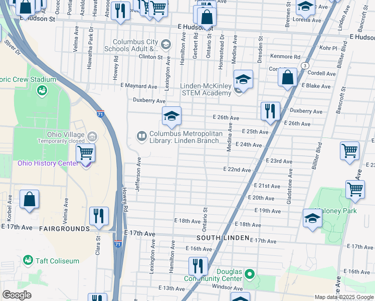 map of restaurants, bars, coffee shops, grocery stores, and more near 1129 East 24th Avenue in Columbus