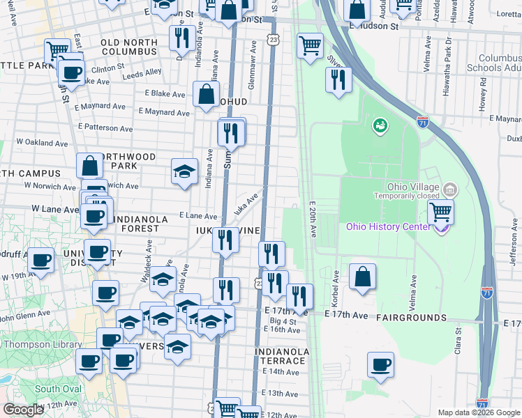 map of restaurants, bars, coffee shops, grocery stores, and more near 2110 U.S. 23 in Columbus