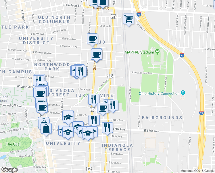 map of restaurants, bars, coffee shops, grocery stores, and more near 2110 U.S. 23 in Columbus