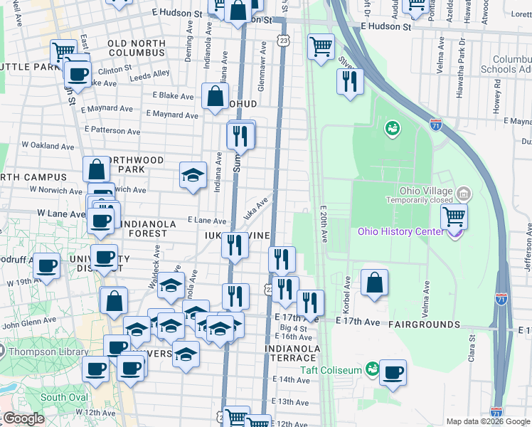 map of restaurants, bars, coffee shops, grocery stores, and more near 2121 Iuka Avenue in Columbus