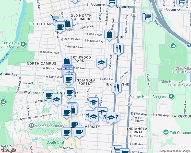map of restaurants, bars, coffee shops, grocery stores, and more near 194 East Lane Avenue in Columbus