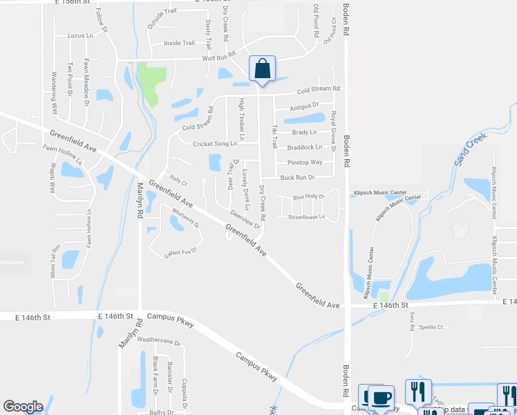 map of restaurants, bars, coffee shops, grocery stores, and more near 14927 Dry Creek Road in Noblesville