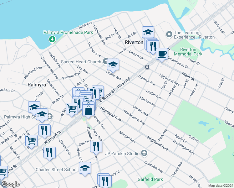 map of restaurants, bars, coffee shops, grocery stores, and more near 600 Lincoln Avenue in Palmyra