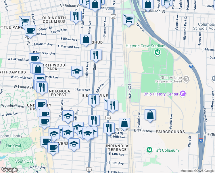 map of restaurants, bars, coffee shops, grocery stores, and more near 2091 North 4th Street in Columbus