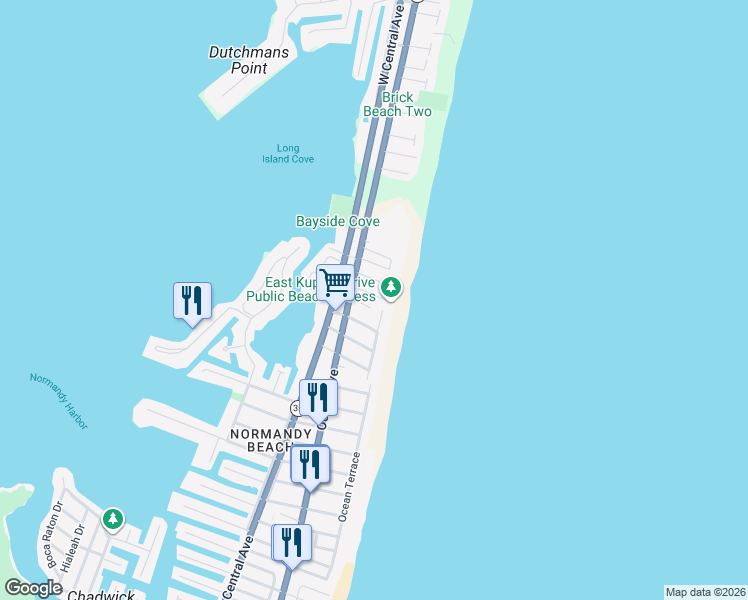 map of restaurants, bars, coffee shops, grocery stores, and more near 100 Lyndhurst Drive in Mantoloking