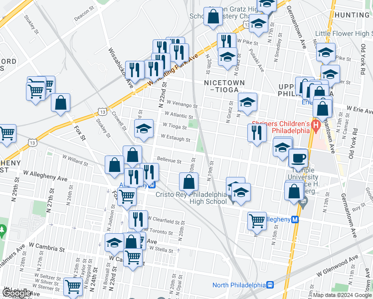 map of restaurants, bars, coffee shops, grocery stores, and more near 2023 West Ontario Street in Philadelphia