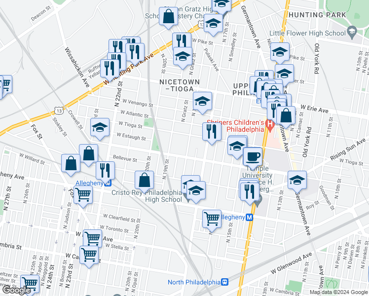 map of restaurants, bars, coffee shops, grocery stores, and more near 3422 North 18th Street in Philadelphia