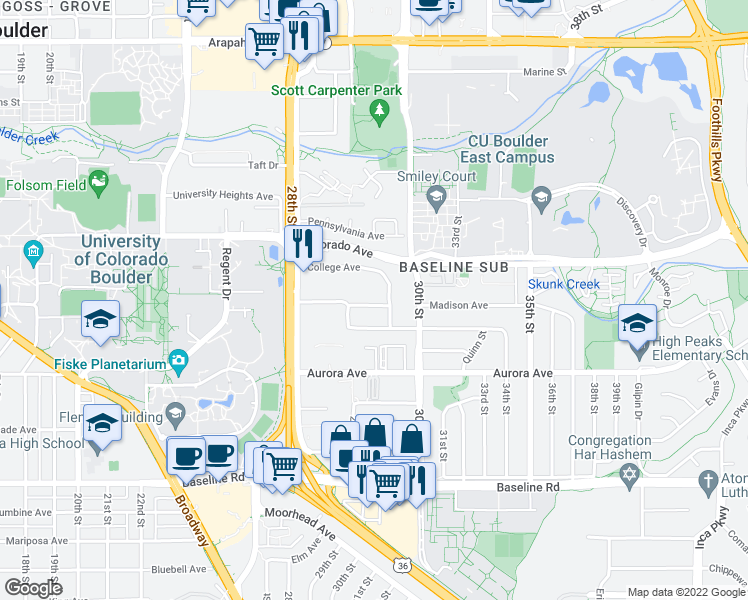 map of restaurants, bars, coffee shops, grocery stores, and more near 1030 Adams Circle in Boulder