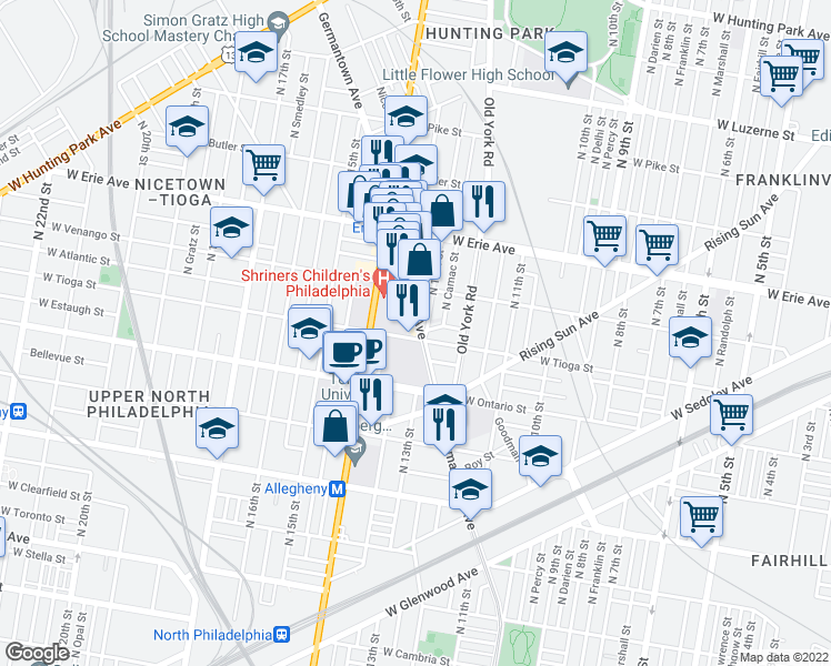 map of restaurants, bars, coffee shops, grocery stores, and more near 3504 Germantown Avenue in Philadelphia