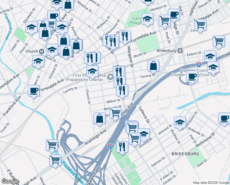 map of restaurants, bars, coffee shops, grocery stores, and more near 4547 Melrose Street in Philadelphia