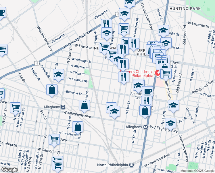 map of restaurants, bars, coffee shops, grocery stores, and more near 3422 North 18th Street in Philadelphia