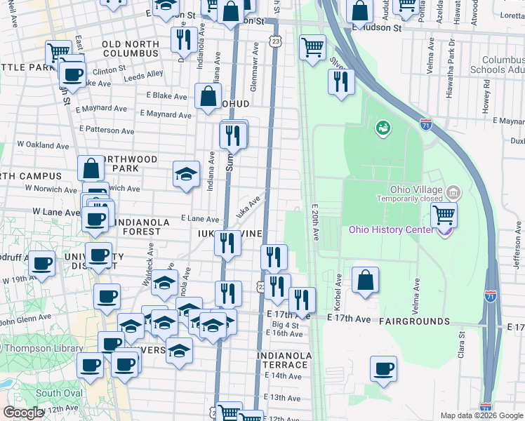 map of restaurants, bars, coffee shops, grocery stores, and more near 2110 U.S. 23 in Columbus