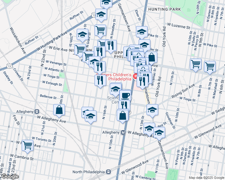 map of restaurants, bars, coffee shops, grocery stores, and more near 3438 North Sydenham Street in Philadelphia
