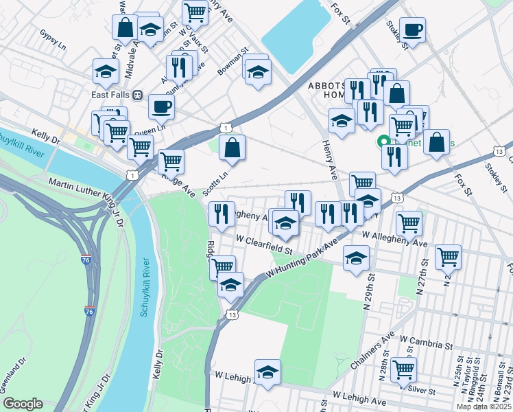 map of restaurants, bars, coffee shops, grocery stores, and more near 3223 North 34th Street in Philadelphia
