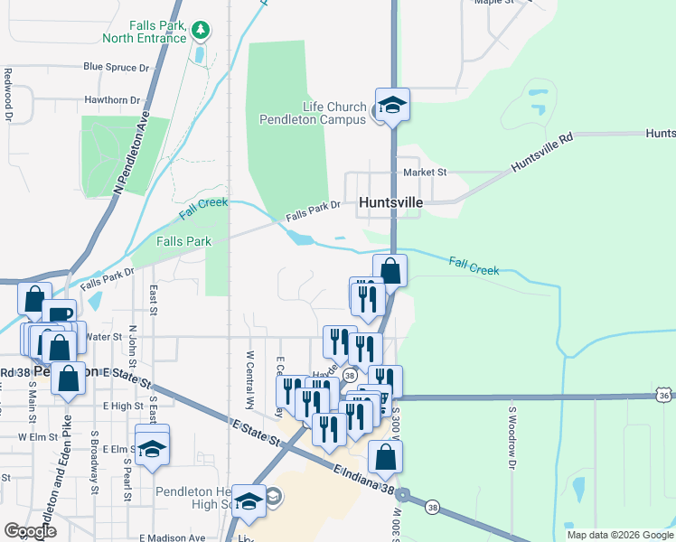 map of restaurants, bars, coffee shops, grocery stores, and more near 350 JH Walker Drive in Pendleton