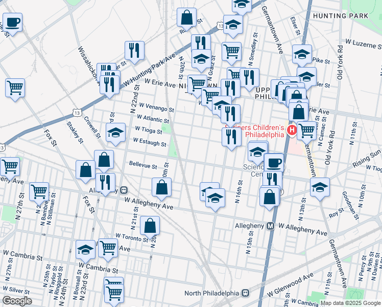 map of restaurants, bars, coffee shops, grocery stores, and more near 3415 North 19th Street in Philadelphia