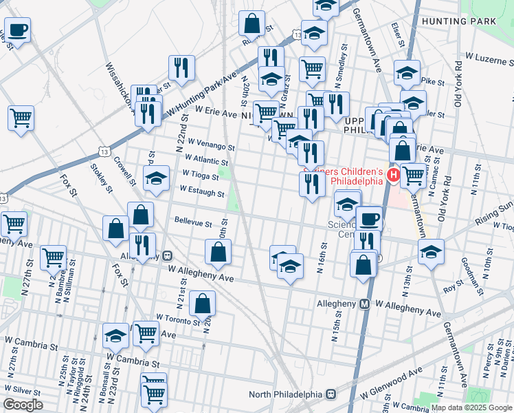 map of restaurants, bars, coffee shops, grocery stores, and more near 3415 North 19th Street in Philadelphia