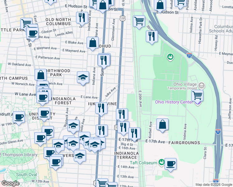 map of restaurants, bars, coffee shops, grocery stores, and more near 2093 North 4th Street in Columbus