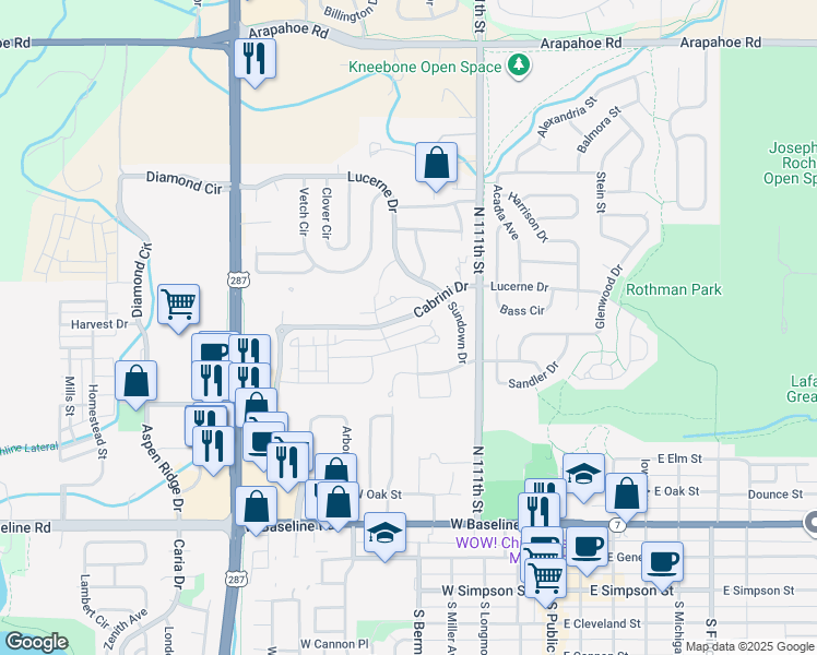 map of restaurants, bars, coffee shops, grocery stores, and more near 655 Amelia Lane in Lafayette