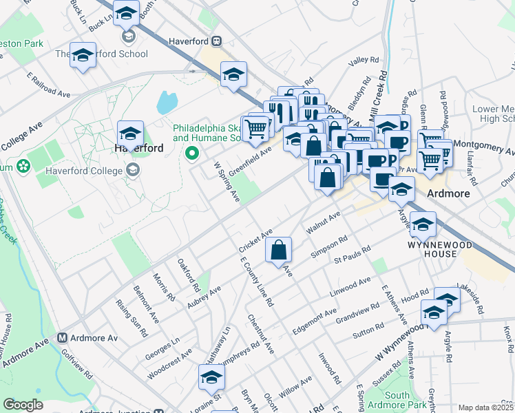 map of restaurants, bars, coffee shops, grocery stores, and more near 129 State Route 3042 in Ardmore