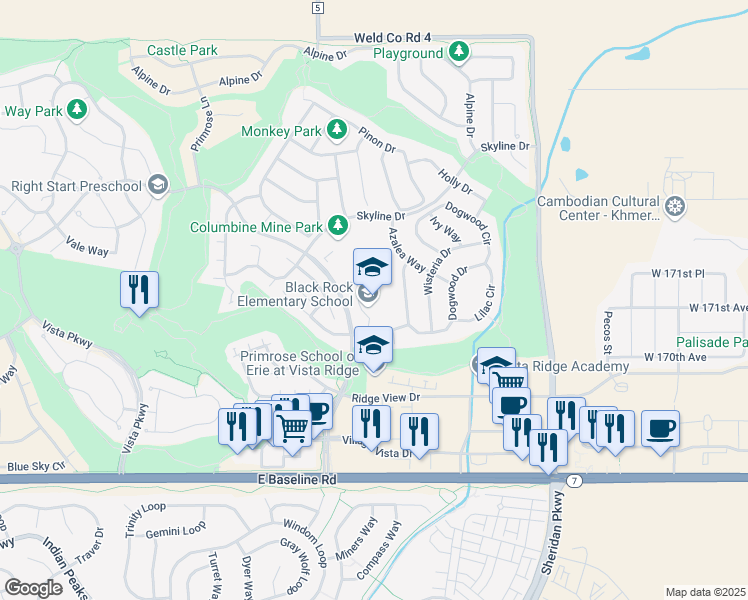 map of restaurants, bars, coffee shops, grocery stores, and more near 2000 Mountain View Boulevard in Erie