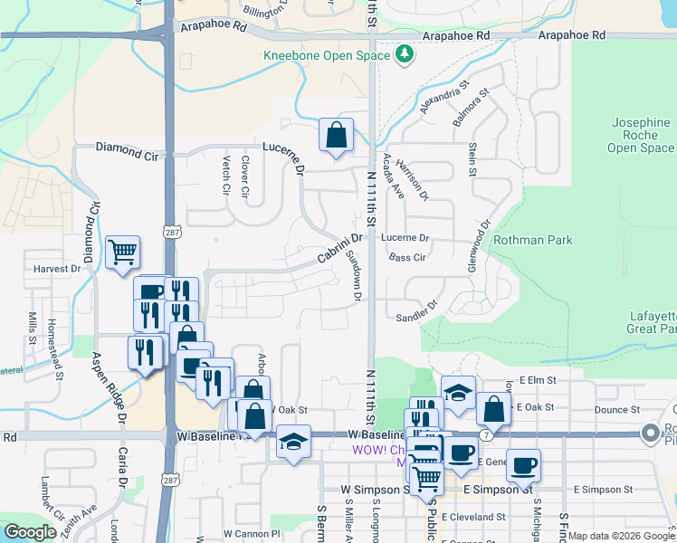 map of restaurants, bars, coffee shops, grocery stores, and more near 609 Amelia Lane in Lafayette