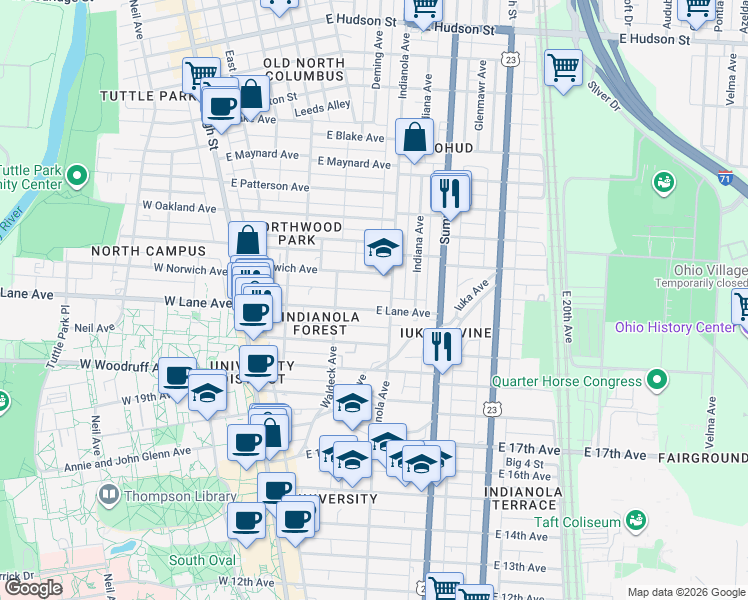 map of restaurants, bars, coffee shops, grocery stores, and more near 204 East Lane Avenue in Columbus